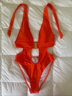 Women’s Vibrant Orange One-Piece Swimsuit with Gold Accent Size Small